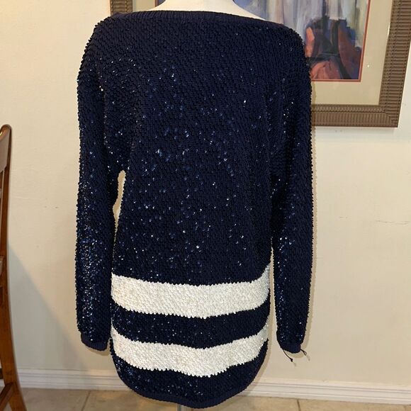 ADRIENNE VITTADINI Navy/White Sequin Striped Women's Long Sweater Size Large - Picture 9 of 10